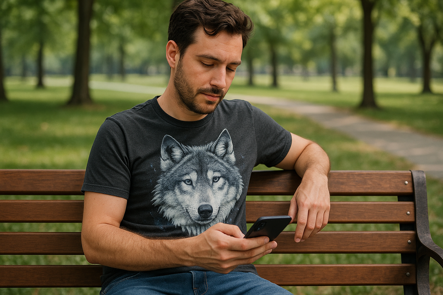 a man wearing wolf t shirt sitting on a bench in park and scrolling reels